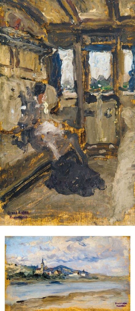 Bruck Lajos (1846-1910) Hölgy vonaton; Folyóparti táj