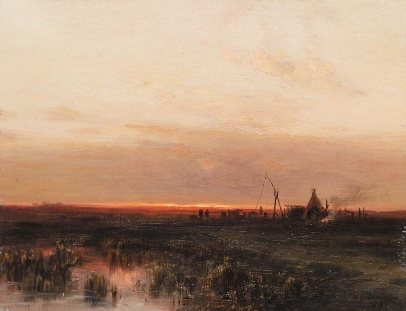 Böhm Pál  (1839-1905)  Tájkép naplementével, 1892