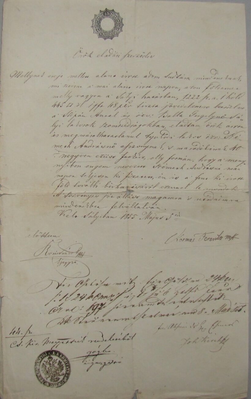 46-1542 1855 Örök eladási szerződés 15k szignettás levélpapíron, pecséttel