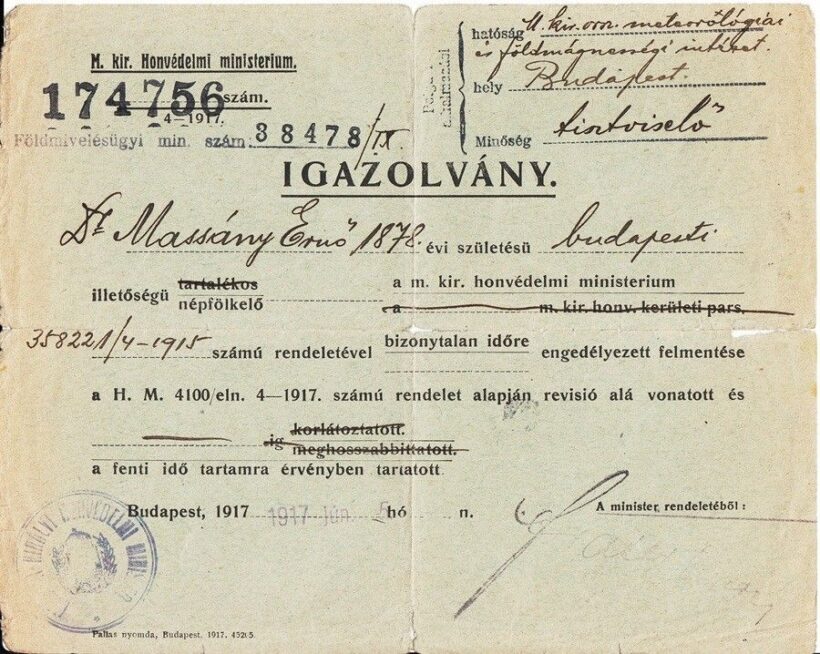 46-600 1917. Katonai gazolvány Dr Massány Ernő főmetorológus részére