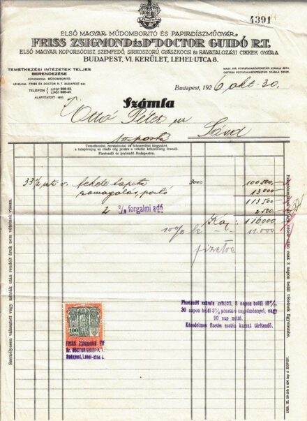 46-711 1926. Friss Zsigmond és Dr. Doctor Guidó Rt fejléces számlája 100kr bélyeggel