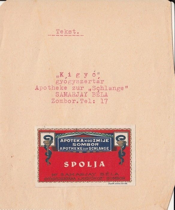 46-832 cca 1930 "Kigyó"Gyógyszertár Zombor, Samarjay Béla reklámcédulája
