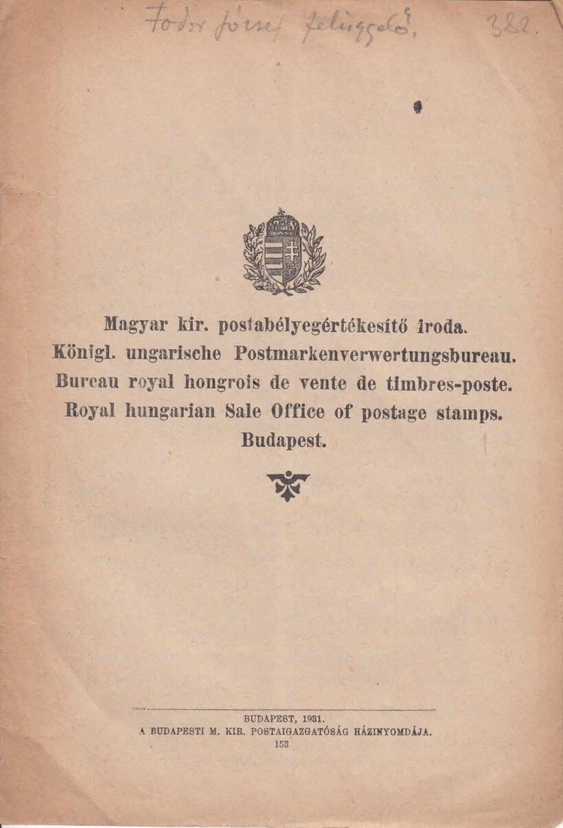 46-382 1931. Magyar Kir. postabélyegértesítő iroda árjegyzéke