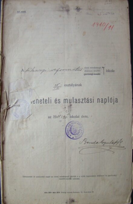 46-1637 Tihanyi református elemi iskola I.-V./I.-III. osztályának előmeneteli és mulasztási naplója az 1910/1911. iskolai évre