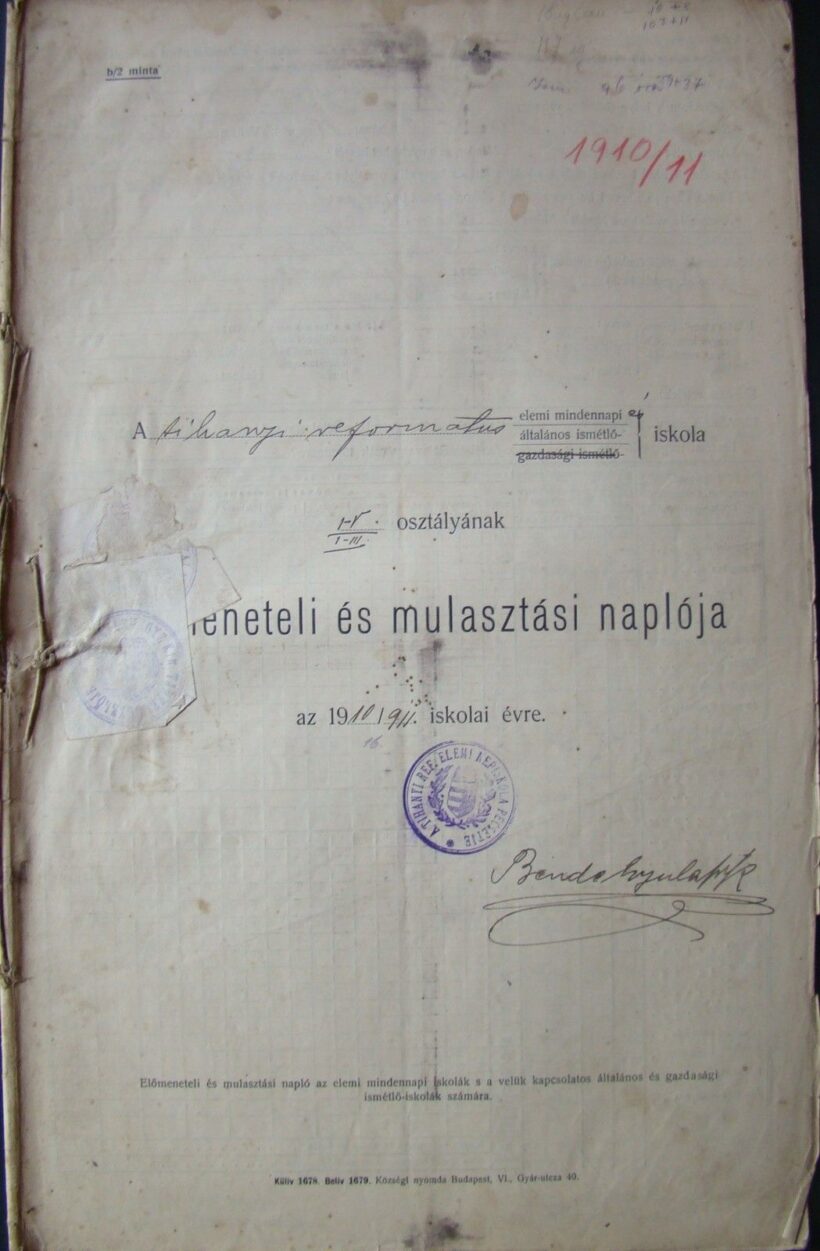 46-1637 Tihanyi református elemi iskola I.-V./I.-III. osztályának előmeneteli és mulasztási naplója az 1910/1911. iskolai évre