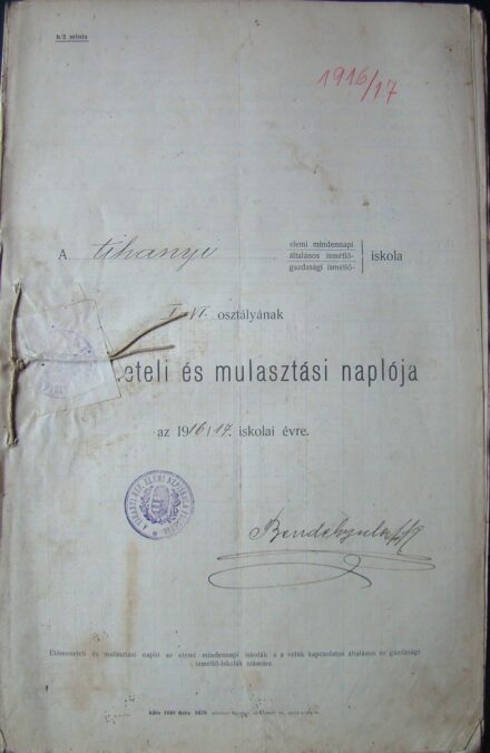 46-1640 Tihanyi református elemi iskola I.-VI. osztályának előmeneteli és mulasztási naplója az 1916/1917. iskolai évre