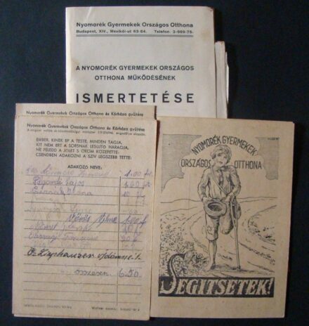 46-1421 1948 Nyomorék Gyerekek Országos Otthona pénzgyüjtő kártyái (10db) és Szabályzata