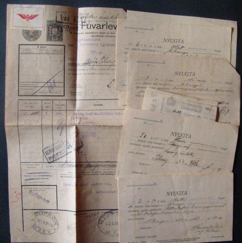 46-184 1933 A Tihanyi református templom új harangjának vasuti fuvarlevele és adomyány gyüjtő cédulái