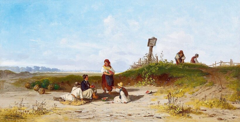 Böhm Pál:Beszélgetők a határban (Dinnyeevők), 1893