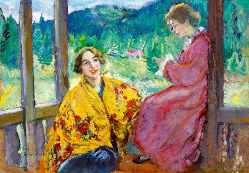 Csók István:Beszélgetők a tornácon (Erdélyi táj), 1940