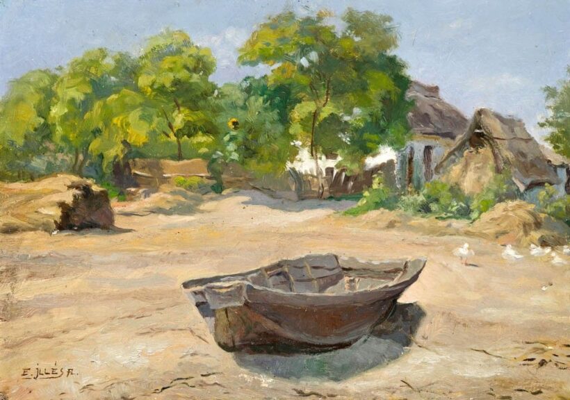Edvi - Illés Aladár (1870-1958): Vízparti tanyarészlet csónakkal