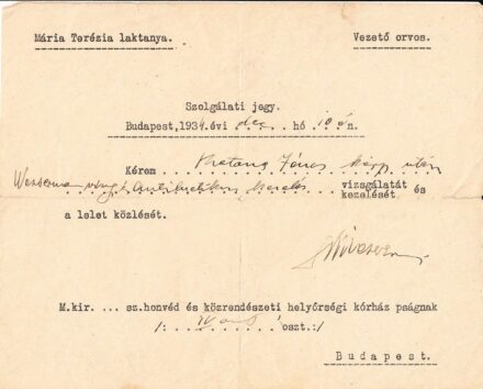 47-1568 1934 Szolgálati jegy / Budapest Mári Terézia laktanya vezető orvosától