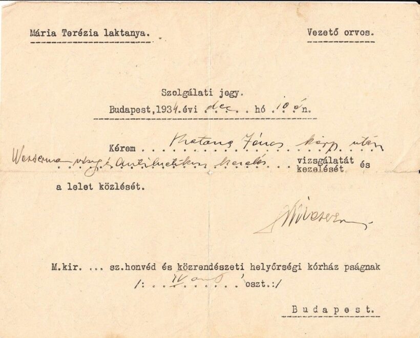 47-1568 1934 Szolgálati jegy / Budapest Mári Terézia laktanya vezető orvosától