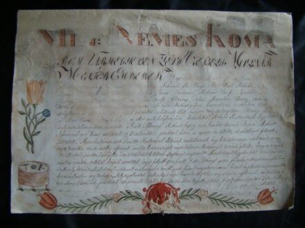 47-1033 1833. Molnár legény felszabíditó levele a Patai molnár czhé mestereitől. Kézzel díszitett, restaruál 47x34cm