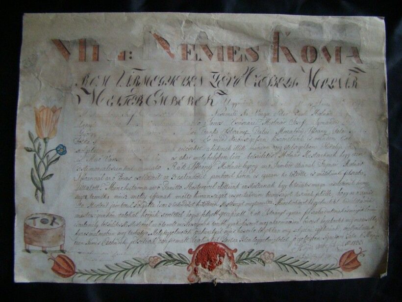 47-1033 1833. Molnár legény felszabíditó levele a Patai molnár czhé mestereitől. Kézzel díszitett, restaruál 47x34cm