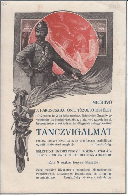 47-988 1912. Meghívó a rákoscsabai Tűzoltó bálra