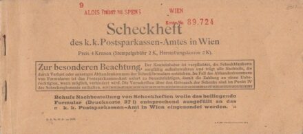 47-612 cca. 1910 Kitöltetlen bécsi postatakarék csekkfüzet/ Alois Freiherr von Spens, Morvaország egykori helytartójának csekkfüzete/
