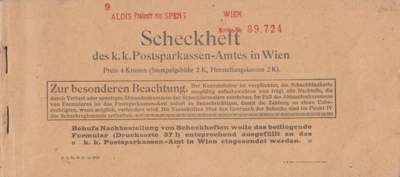 47-612 cca. 1910 Kitöltetlen bécsi postatakarék csekkfüzet/ Alois Freiherr von Spens, Morvaország egykori helytartójának csekkfüzete/