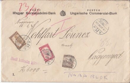 47-694 1917 Pesti Magyar Kereskedelmi Bank levélborítékja portósan feladva