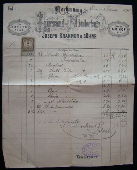 47-704 1895 Díszes fejléces számla. 5kr okmánybélyeggel "Joseeph Kranner & Shöne Wien"