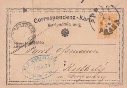 47-414 1874 Díjjegyes levelezőlap "PRAG" - "KESZTHELY"