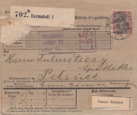 47-873 1876 Kétnyelvű díjjegyes postaI csomagutalvány "PASSAU" - "BUDAPEST"