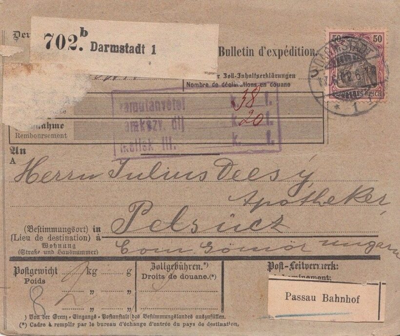 47-873 1876 Kétnyelvű díjjegyes postaI csomagutalvány "PASSAU" - "BUDAPEST"