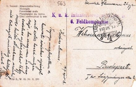 47-563 1917. április 8. Levél Magyarországra lila alakulat bélygzővel és tábori postahívatali körbélyegző