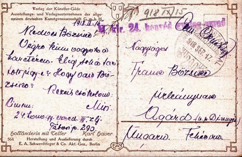 47-317 1918. szeptember 15. Cenzurált képeslap Magyarországra