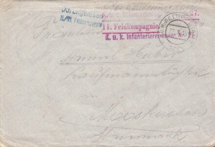47-71 1915. október 22. "kék pecsétes" cenzúrázott levél piros alakulatbélyegzővel Mooskirchenbe (tartalommal)
