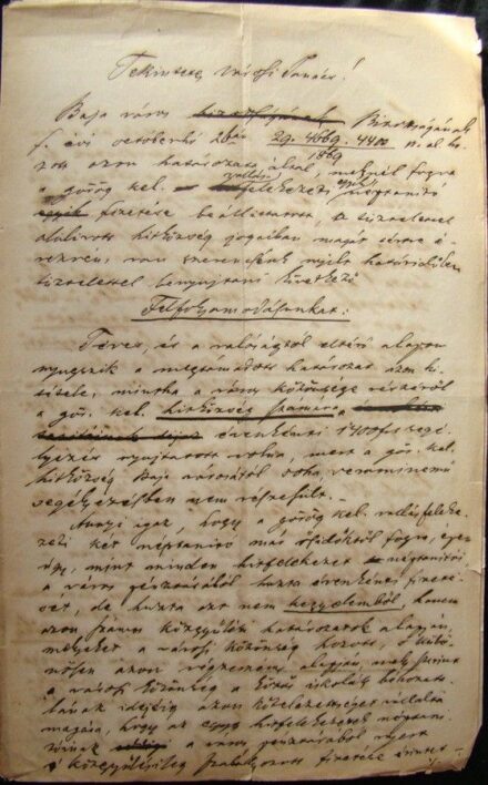 47-1069 1876 Levélpiszkozatt Baja Városi tanácsához