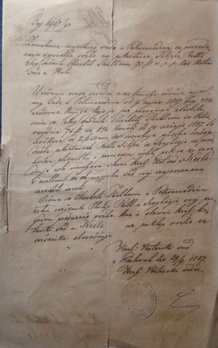 47-1220 1887. Árverési okírat fordítás a Zombori Kir. Törvényszék Szerb-Horvát tolmács pecsétjével