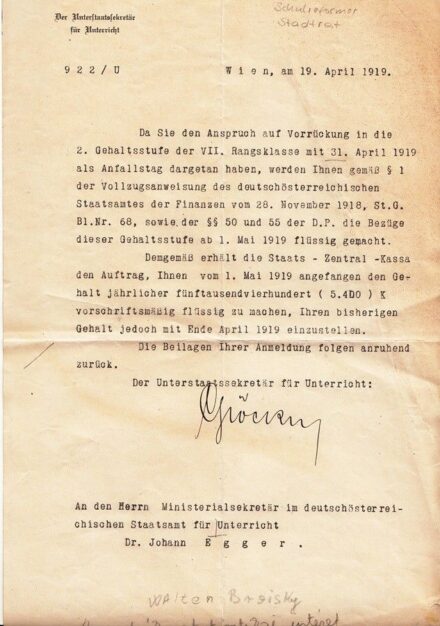 47-1224 1919 Levél dr Jophan Egger oktatási államtitkárnak Otto Glöckel (1874-1935) az osztrák iskolai reformer aláírásával