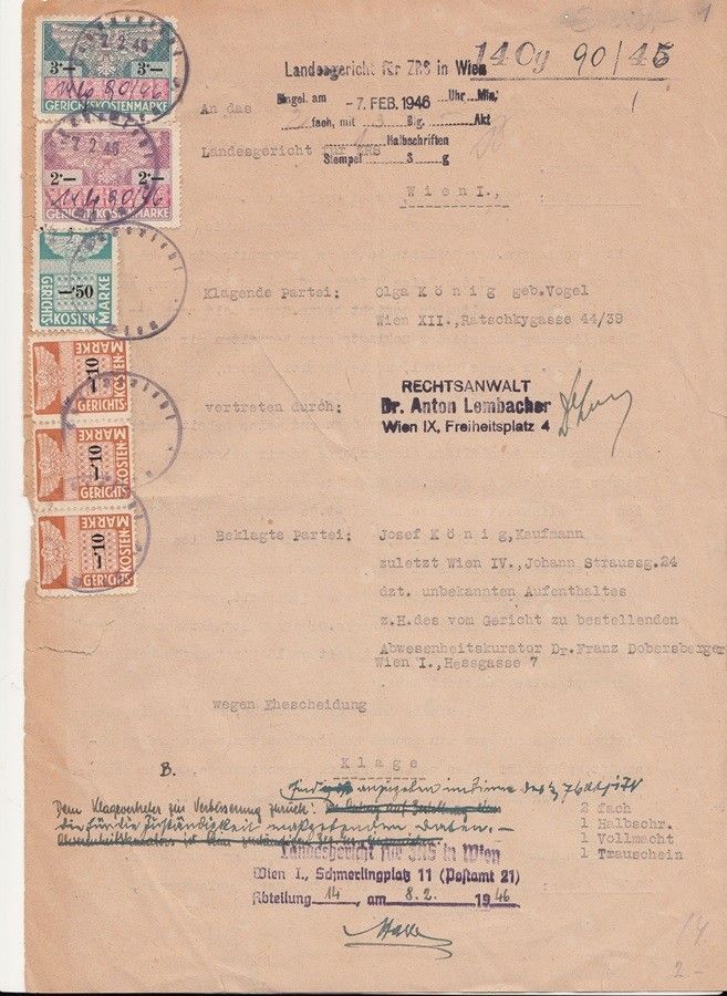 47-1225 1946 Keresetlevél házasság felbontásáról okmánybélyegekkel