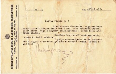 47-1230 1945 Dél-Nyugat Magyarországi Labdarúgók Alszővetsége Pécs fejléces levélpapírja
