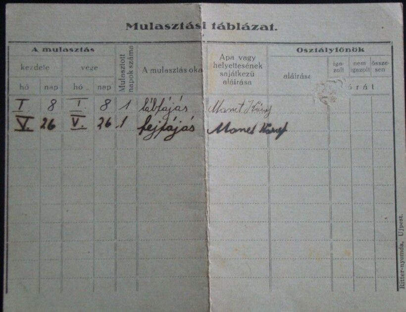 47-95 1930 Iskolai mulasztási igazoló lap / Újpest