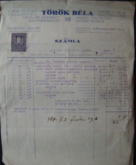 47-647 1927 Török Béla Tükör-és Üveg nagykereskedő fejléces számlája, Budapest