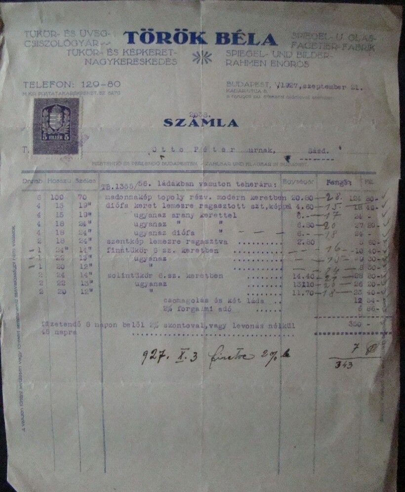 47-647 1927 Török Béla Tükör-és Üveg nagykereskedő fejléces számlája, Budapest
