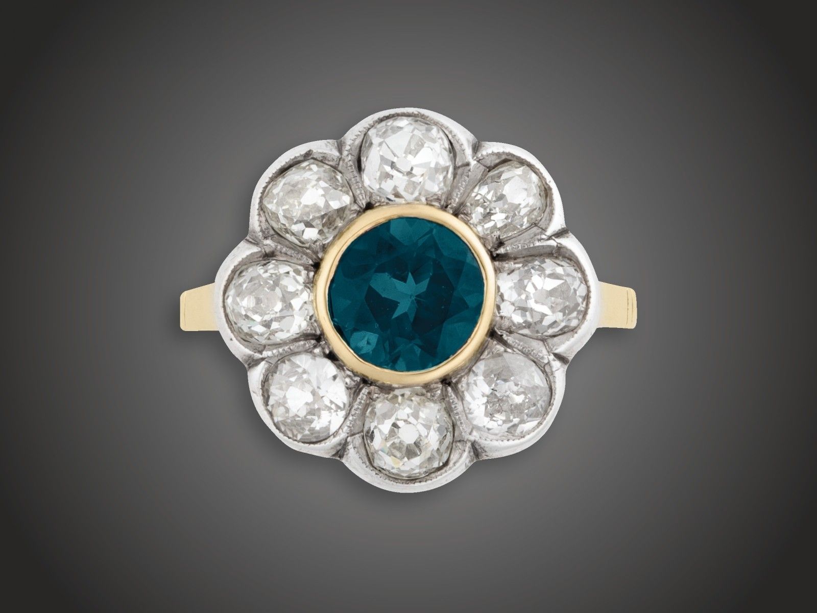 Gyűrű, 580 au, ag, turmalin cca. 1,40 ct, 8 bril. cca. 1,0 ct, 4,0 g