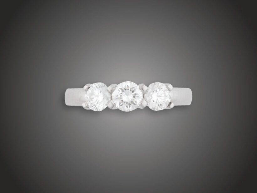 Gyűrű, 950 pt, 3 bril. cca. 0,80 ct, 5,6 g