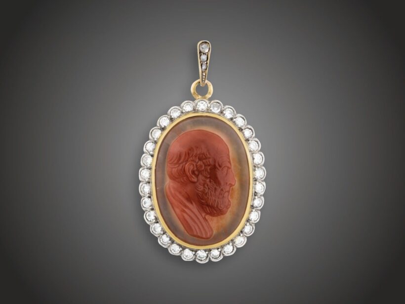 Függő, 585 au, achát, 30 bril. cca. 1,50 ct, 3 gyém., 13,3 g