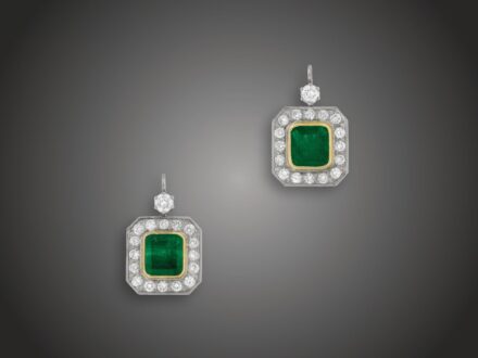 Fülbevaló, 585 au, 2 smaragd cca. 7,5 ct, 34 bril. cca. 2,10 ct, 9,4 g