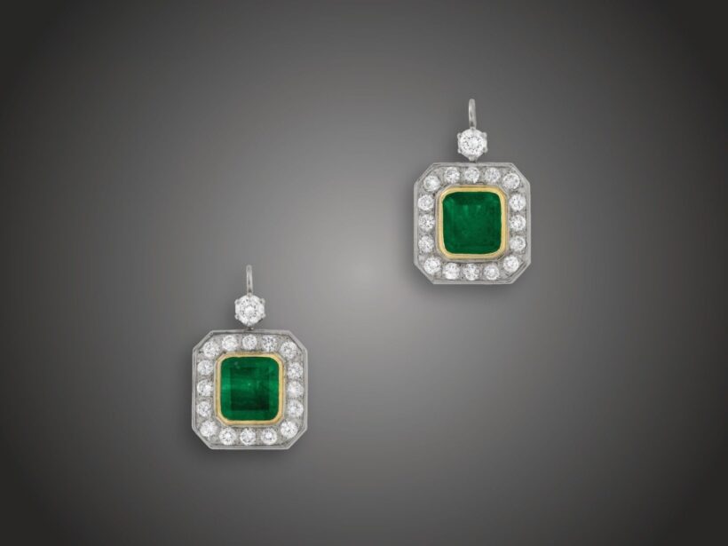 Fülbevaló, 585 au, 2 smaragd cca. 7,5 ct, 34 bril. cca. 2,10 ct, 9,4 g