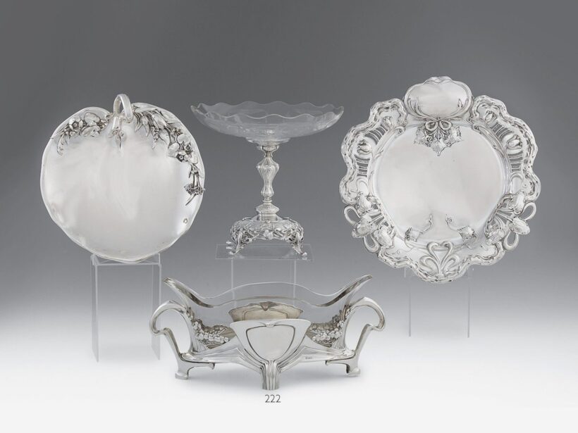 Jugendstil kínálótál, ezüst, 262 g.