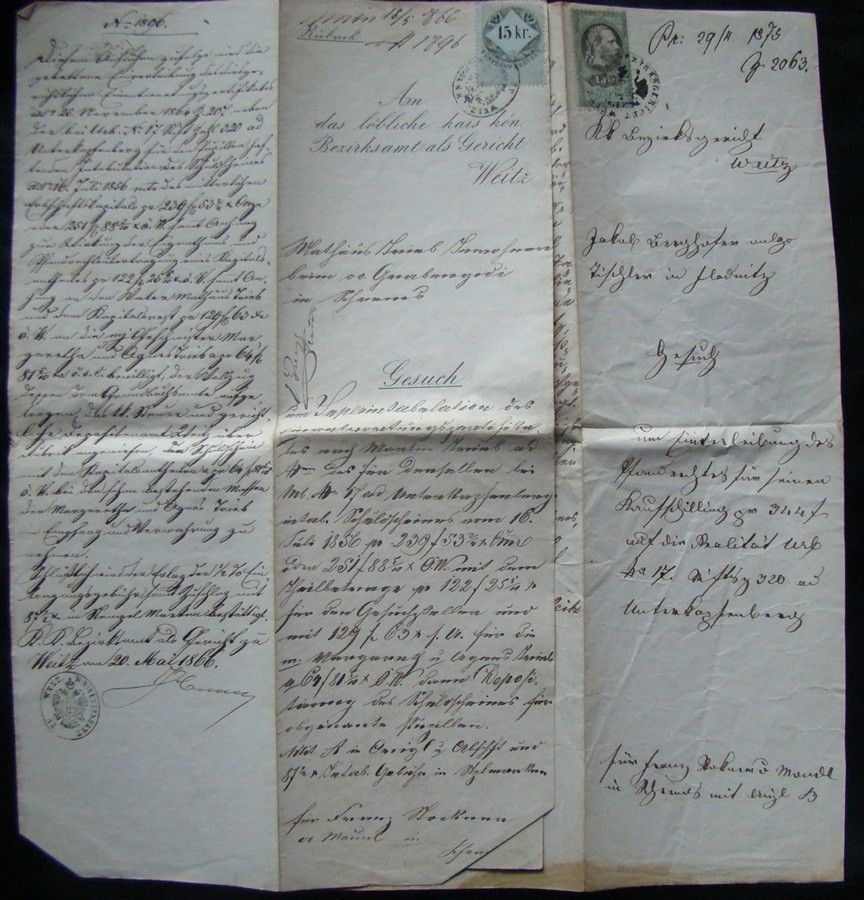 48-387 1873. 2 db Kerestlevél 15 koronás okmánybélyeggel