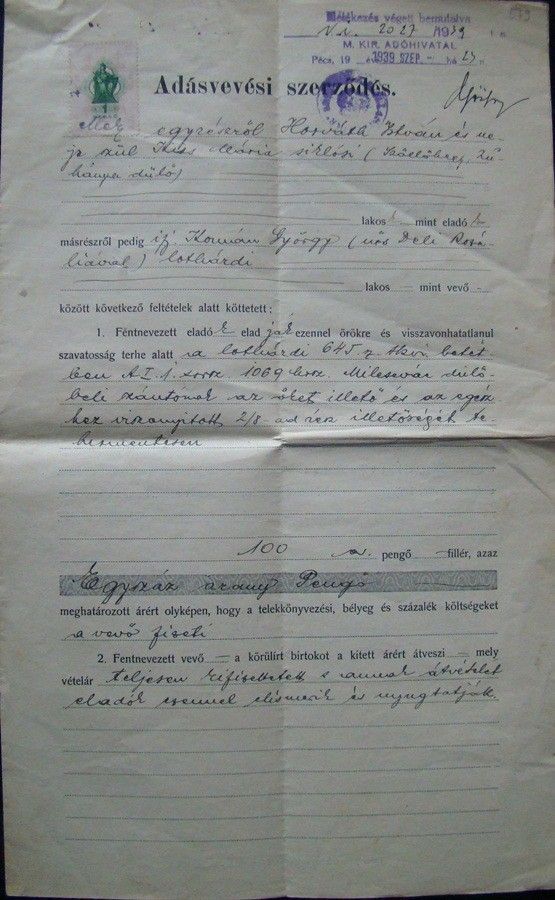 48-579 1939. 1 pengős okmánybélyeges Adásvételi szerződés