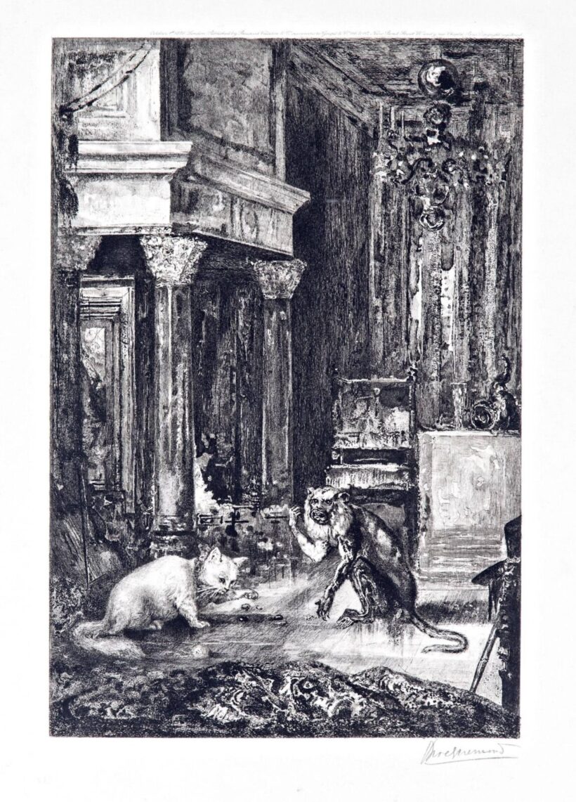 Félix Bracquemond (Párizs, 1833 - Sevres, 1914) - A majom és a macska (La Fontaine meséiből), 1886