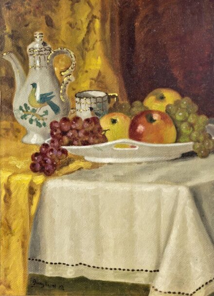 Burghart Rezső (Zsombolya, 1884 - Budapest, 1963) - Gyümölcsös csendélet porcelánokkal, 1936