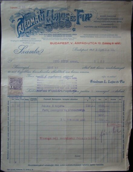 49-320 1923. Okmánybélyeges számla a Friedman Lajos és Fia.