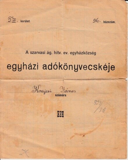 49-799 1932. Szarvasi egyházkerület adókönyvecskéje Krajczár János részére